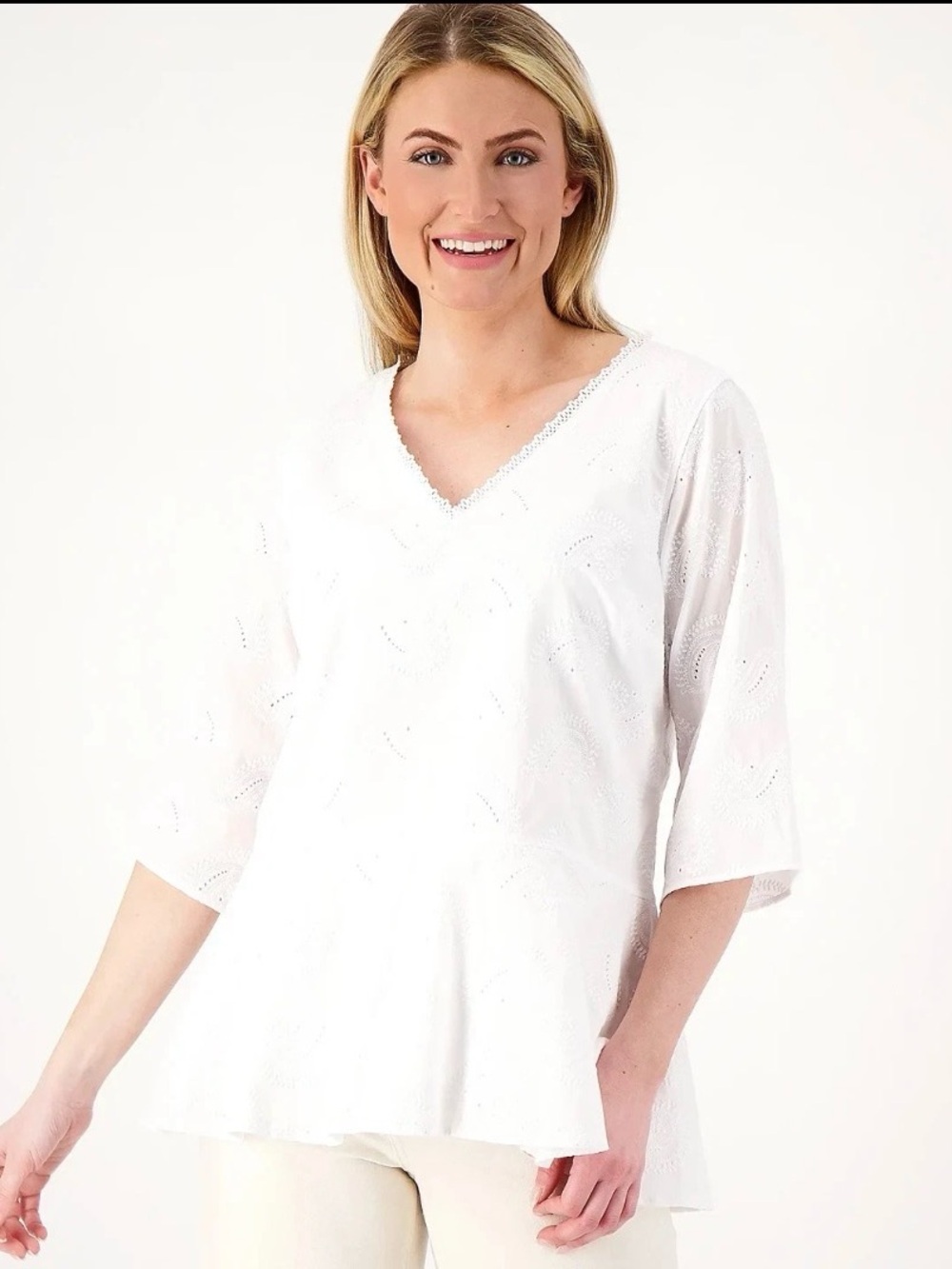 Isaac Mizrahi White Embroidered Peplum Tunic